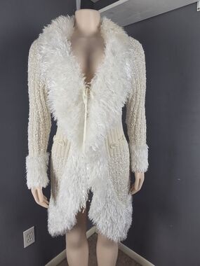 Vintage Shana K Women Shabby Ruffle Cream Knit Lace Open Chic Sweate- Size L